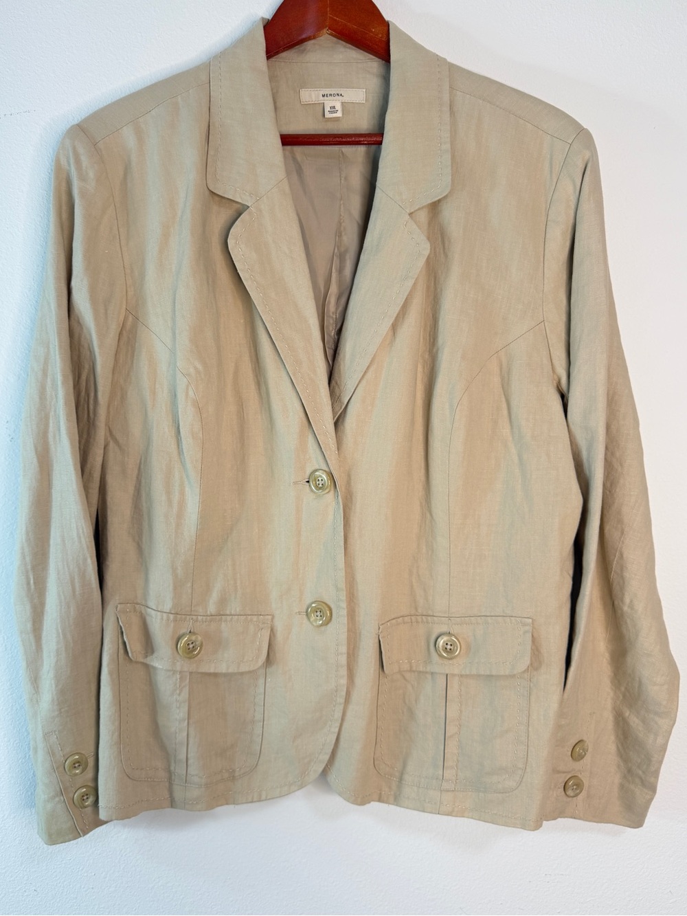 Merona Tan Linen Blazer Jacket Pockets Preppy Office Career Two Button Women XXL